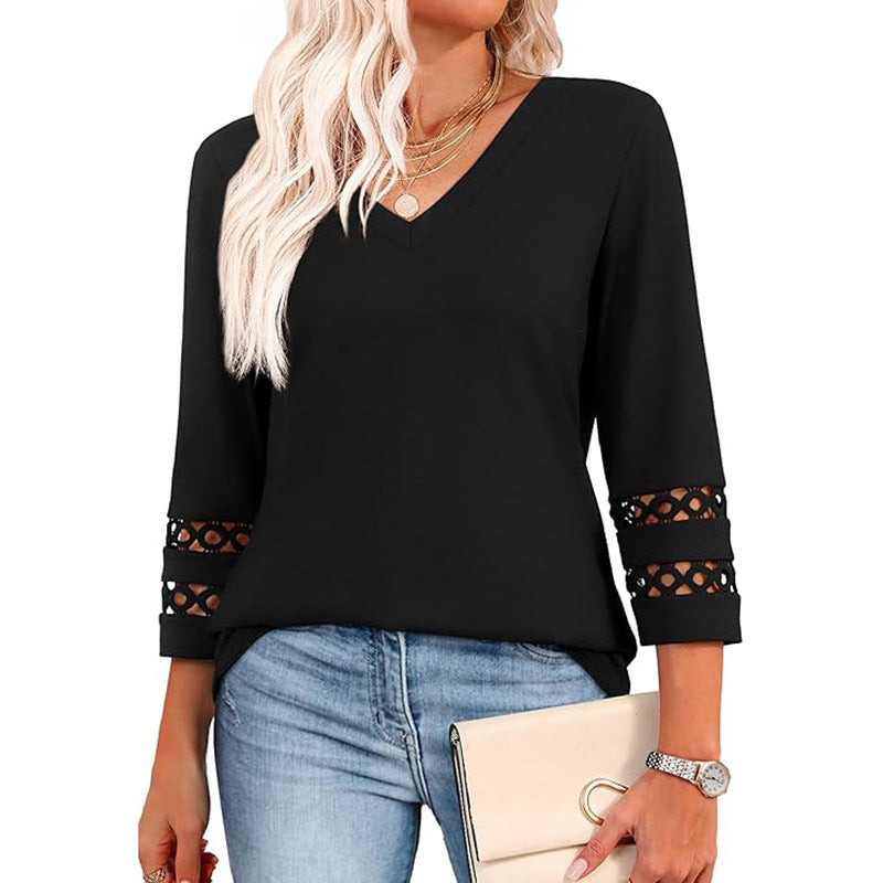 Solid Color Loose V-neck 34 Sleeves Women