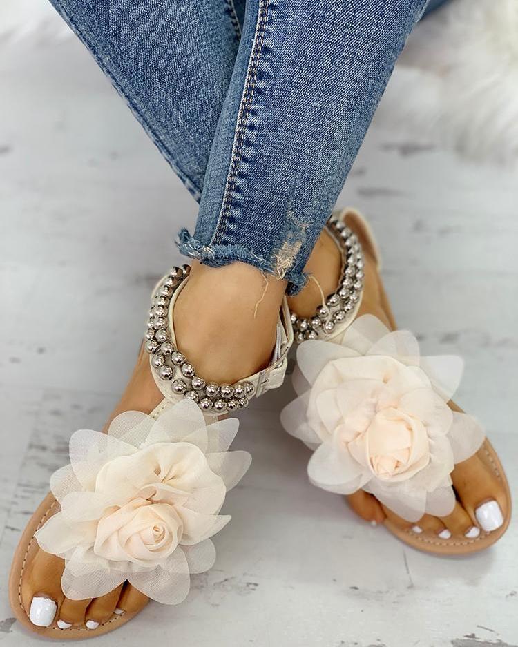 Large Size Flat Bottom Flower Sandals Bohemian Women's Beaded Fashion Comfortable Sandals