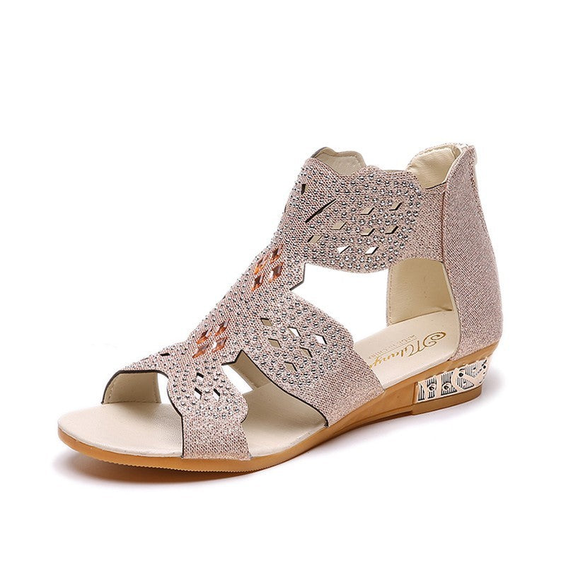 Summer New Fashion Flat Casual Open Toe Rhinestone Hollow Sandals For Women