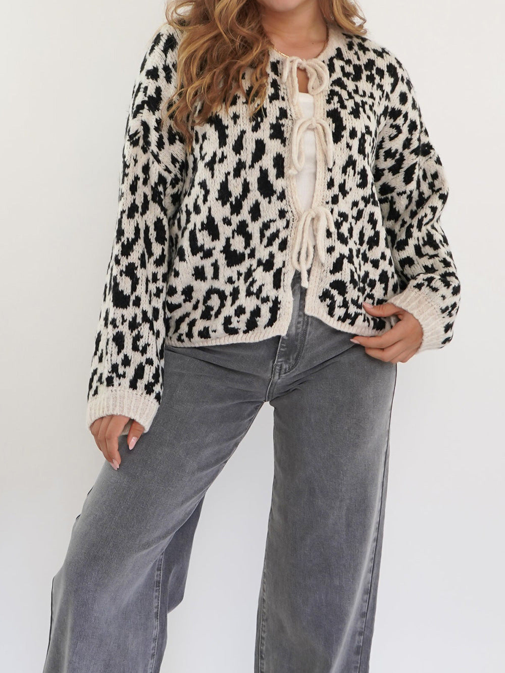 Round Neck Tied Leopard Print Knitted Cardigan Sweater
