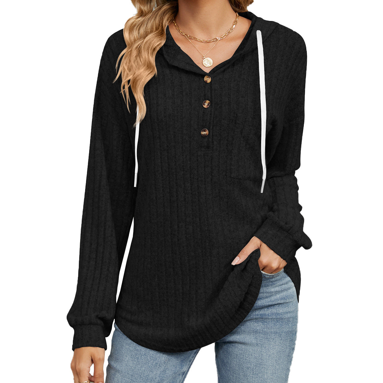 Button Hooded Pocket Loose Long Sleeve Sweatershirt Women