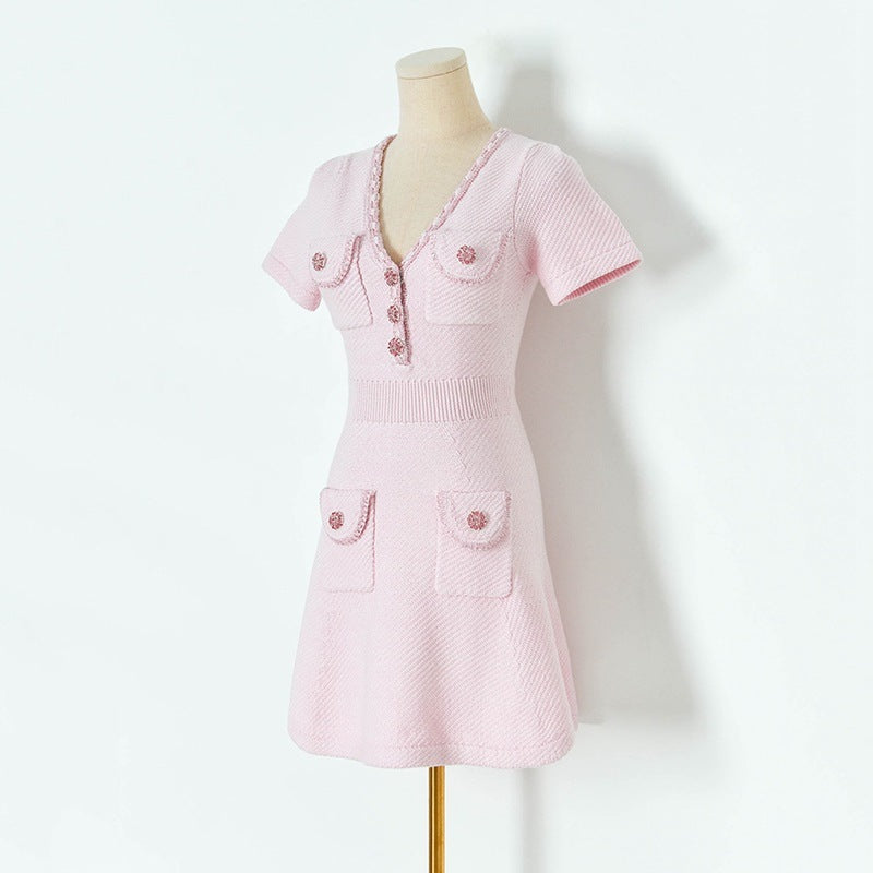 Sequined V-neck Nipped-waist Pocket Short Sleeve Knitted Dress