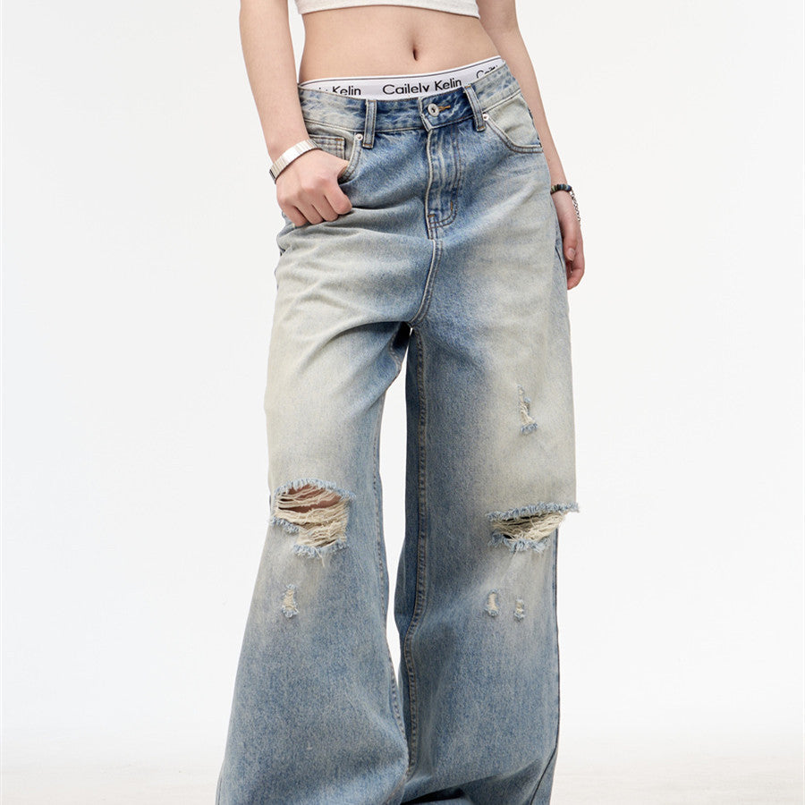 Retro Worn Looking Washed-out Straight Jeans For Men And Women