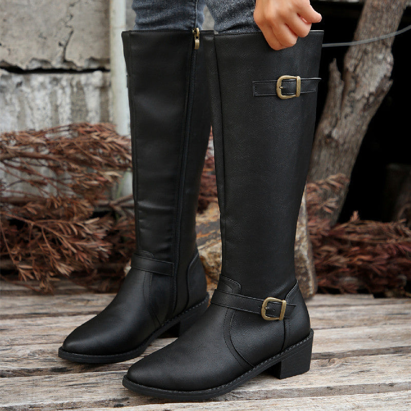 Large Size Thick Heel Square Buckle Test Zipper Boots Women