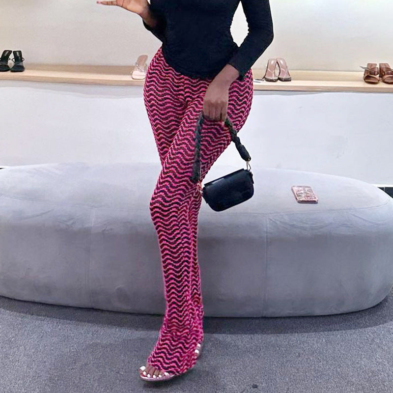 European And American Summer Casual Slim-fit Figure Flattering Hip Lifting Trousers Flow Ripple Hollow Pile Pants