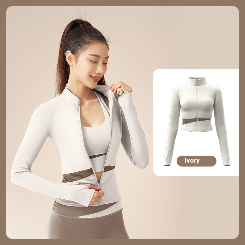 Peach Color Matching Sports Yoga Jacket Slim Stand Collar Workout Top