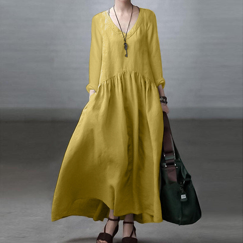 Fashion Long Sleeve V-neck Women's Casual Solid Color Loose Long Dress