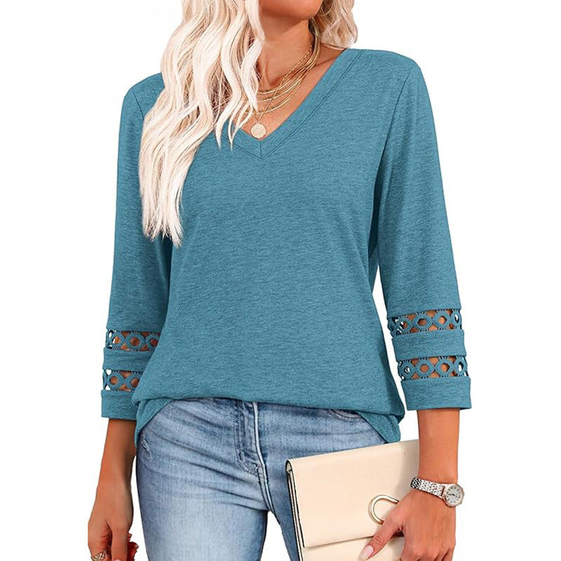 Solid Color Loose V-neck 34 Sleeves Women