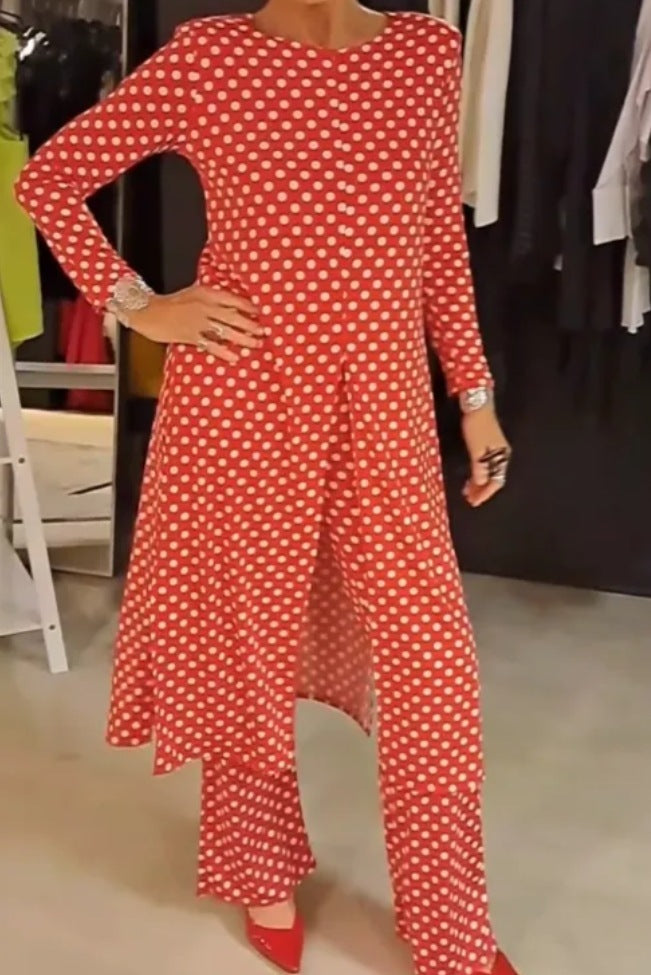 Round Neck Long Sleeve Split Polka Dot Trousers Casual Suit Women