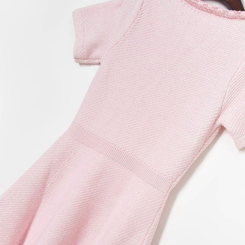 Sequined V-neck Nipped-waist Pocket Short Sleeve Knitted Dress