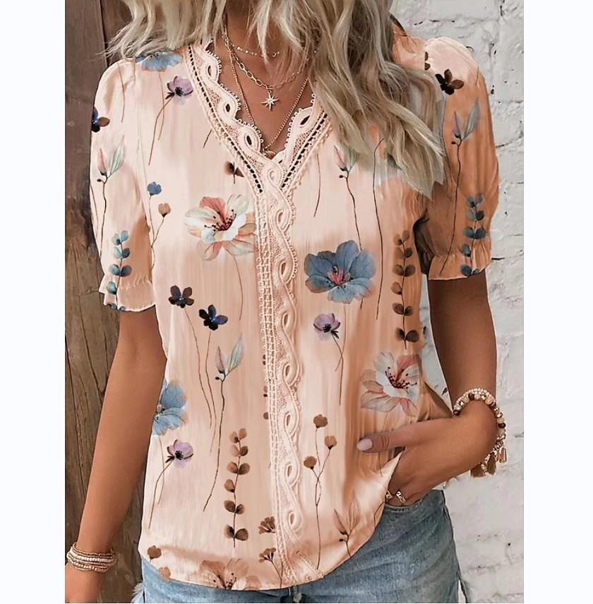 V-neck Holiday Fashion Floral Short Sleeve
