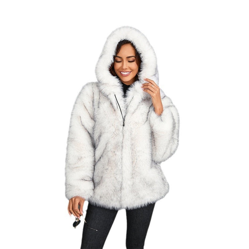 Leather Fur Solid Color Loose Hooded Short Collar Coat
