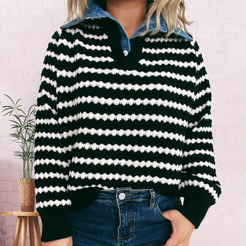Women's Denim Patchwork Lapel Knitted Stripe Color Block Fake Two-piece Sweater