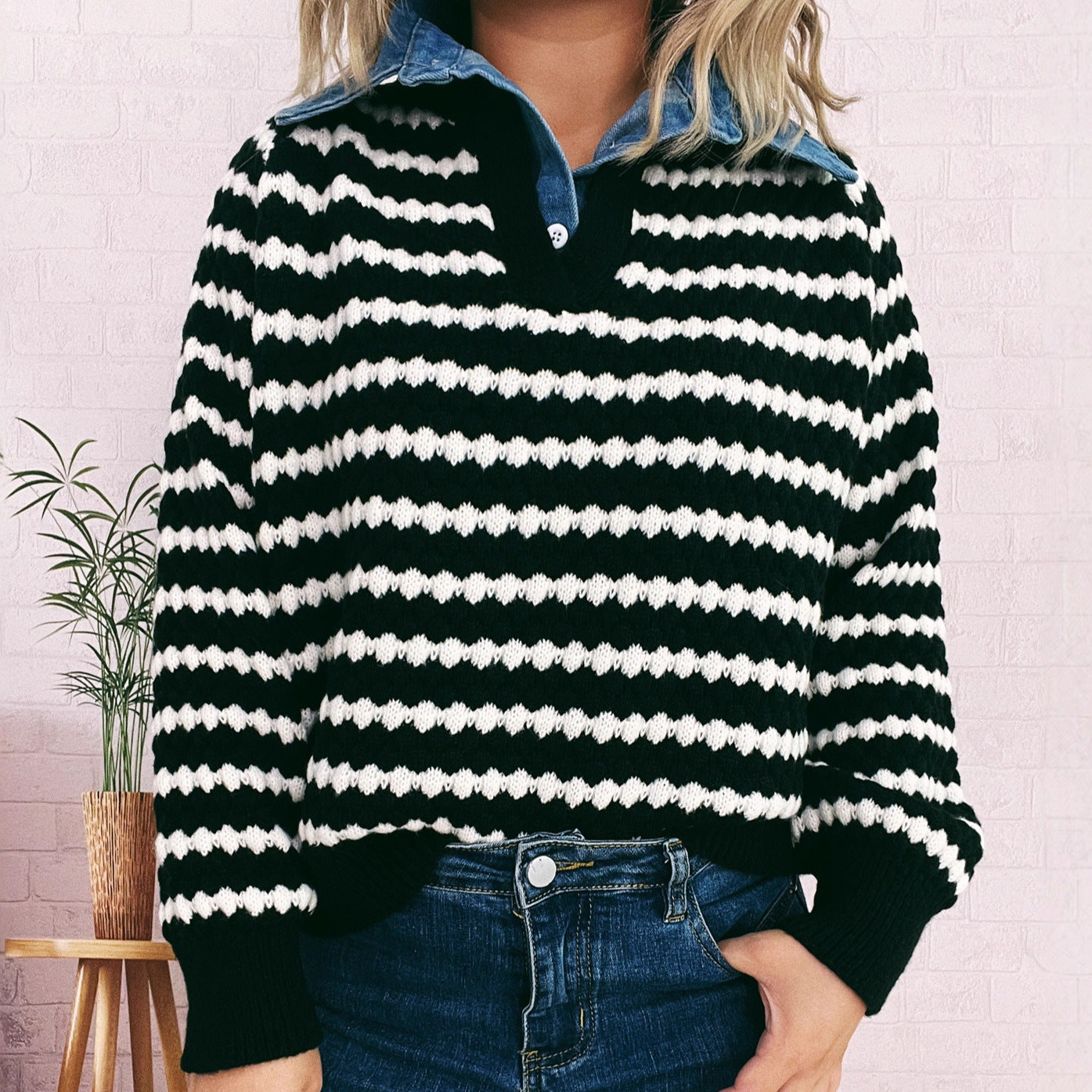 Women's Denim Patchwork Lapel Knitted Stripe Color Block Fake Two-piece Sweater
