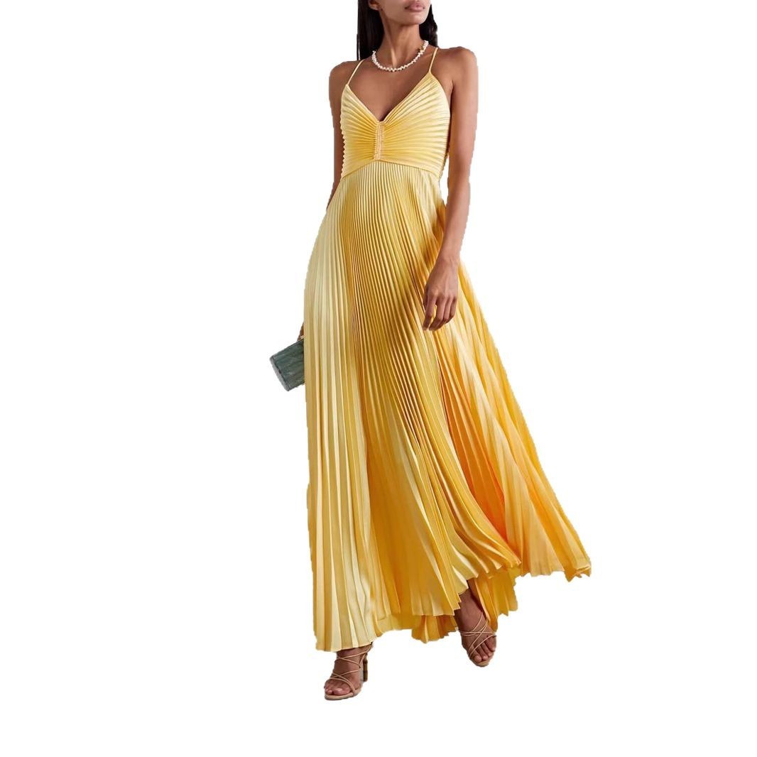 Women's Sling Pleated V-neck Sexy Lace-up Solid Color Dress