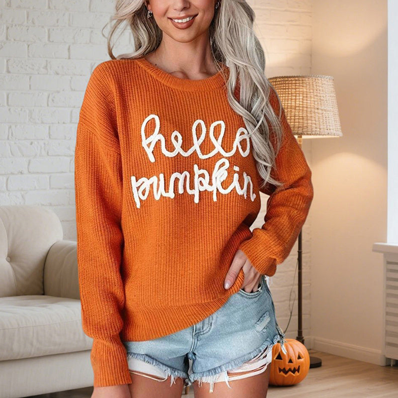 Women's Casual Round Neck Long Sleeve Letter Graphic Sweater Fall Winter Warm Comfortable Pullover Tops