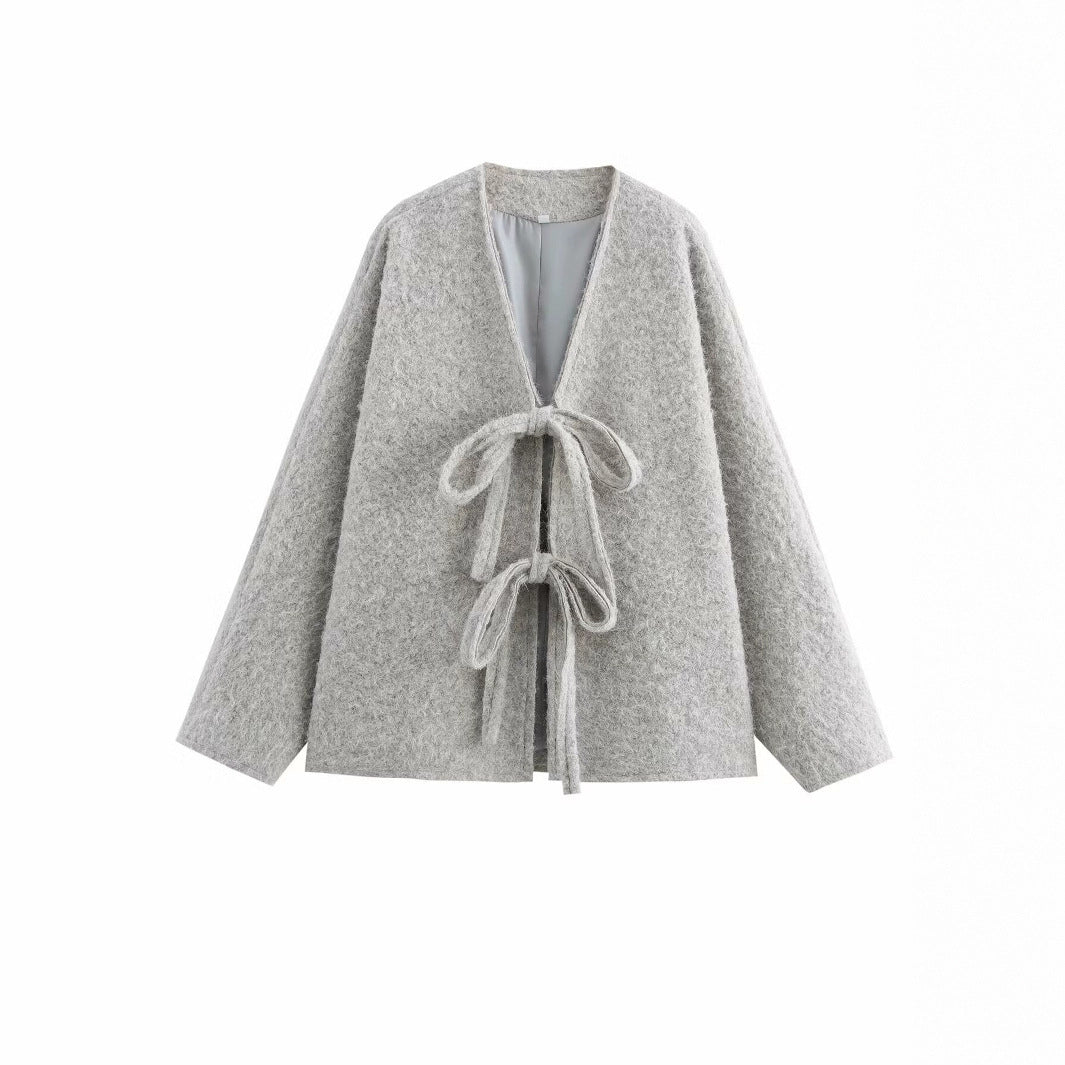 V-neck Cardigan Fashion Casual Lace Up Woolen Coat Short Coat