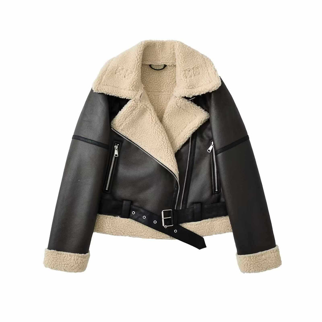 Women's Fashionable Warm Cotton Jacket Motorcycle Fur Coat