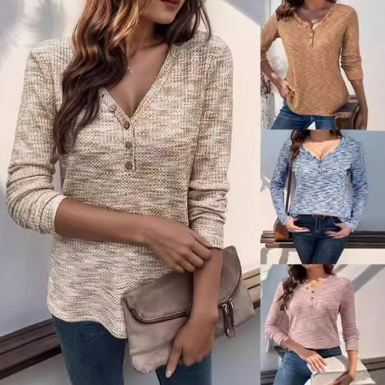 Women's V-neck Pullover Fastener Decoration Long Sleeve