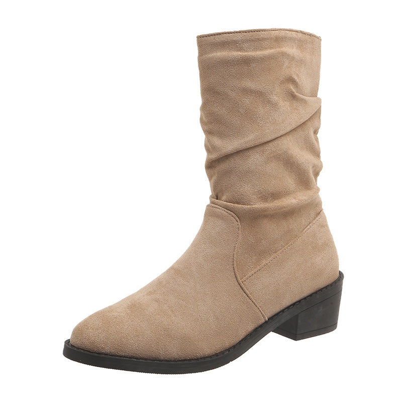 Large Size Thick Heel Pointed Toe Mid-calf Smoke Pipe Boots For Women