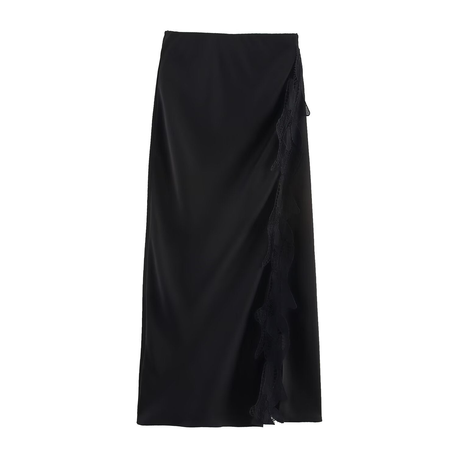 Spring And Summer Side Slit Lace Elastic Waist Satin Skirt Long Skirt