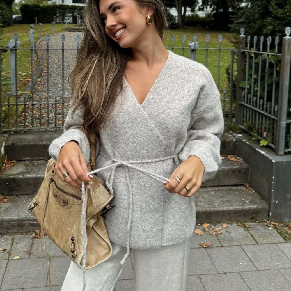 Autumn And Winter Belt Woolen Simple Cardigan Sweater