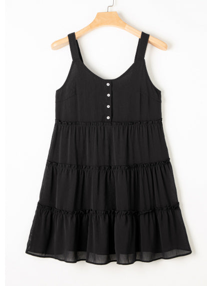 Black Button V Neck Frilly Tiered Sleeveless Dress