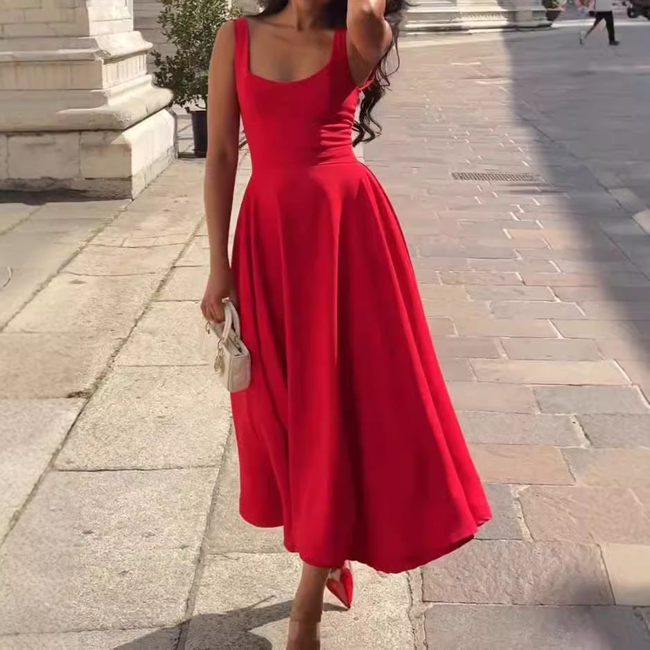 Women's Solid Color Square Collar Sling Dress