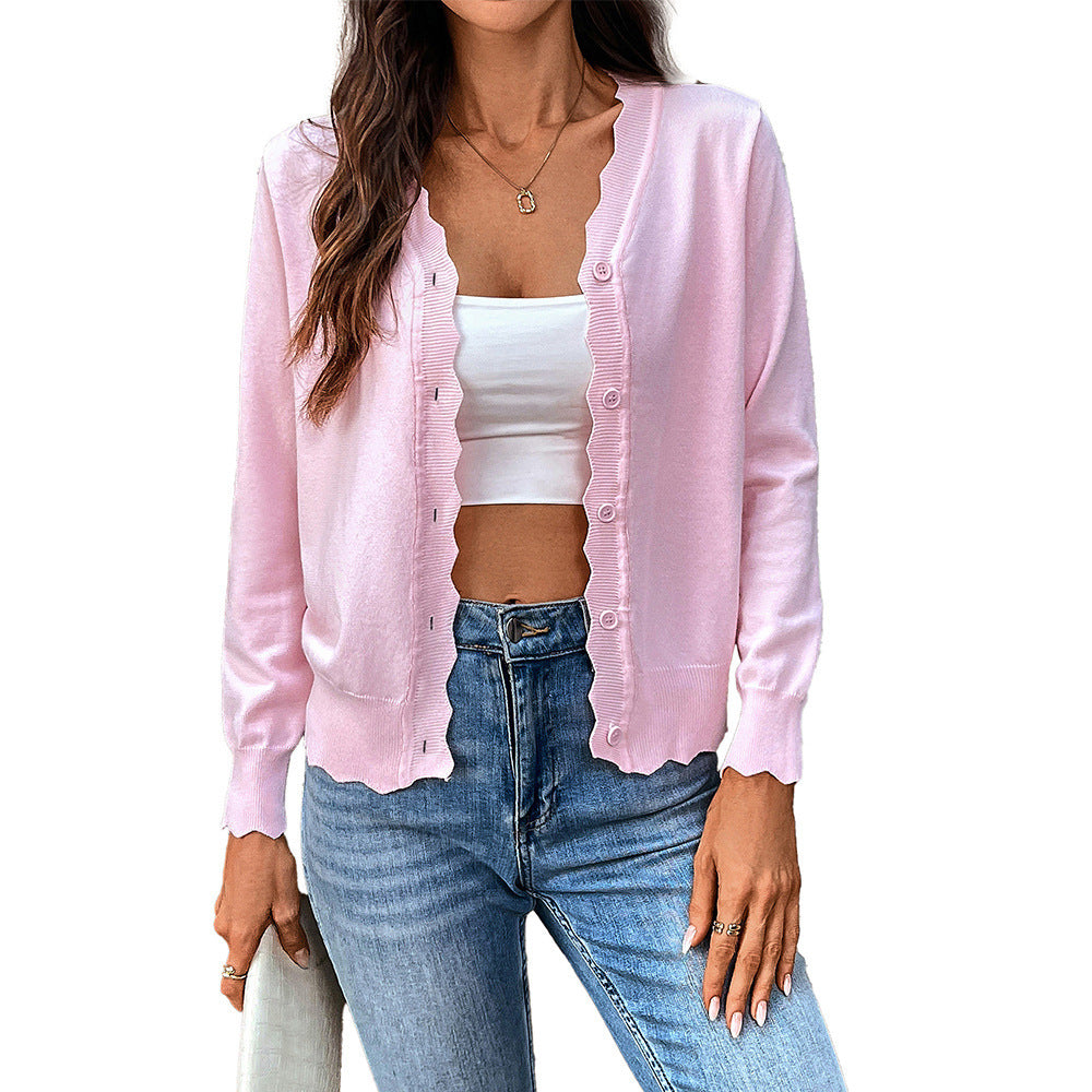 V-neck Long-sleeved Knitted Cardigan Pure Color Ice Silk Coat For Women