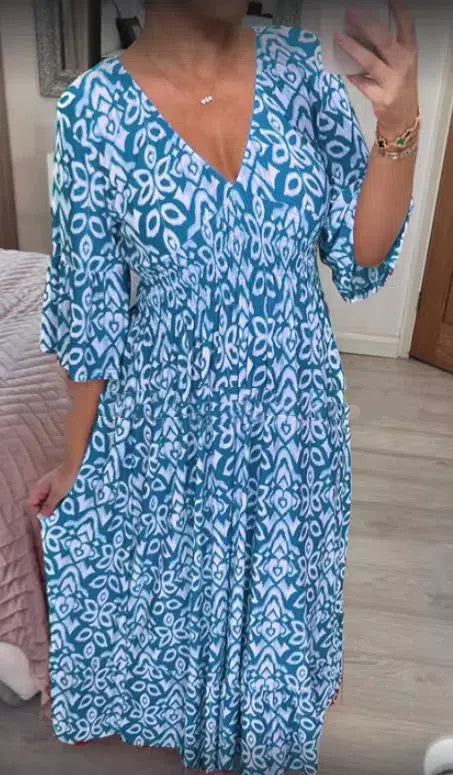 New Plus Size Super Fairy V-neck Floral Dress For Beach Vacation, Loose Long Skirt