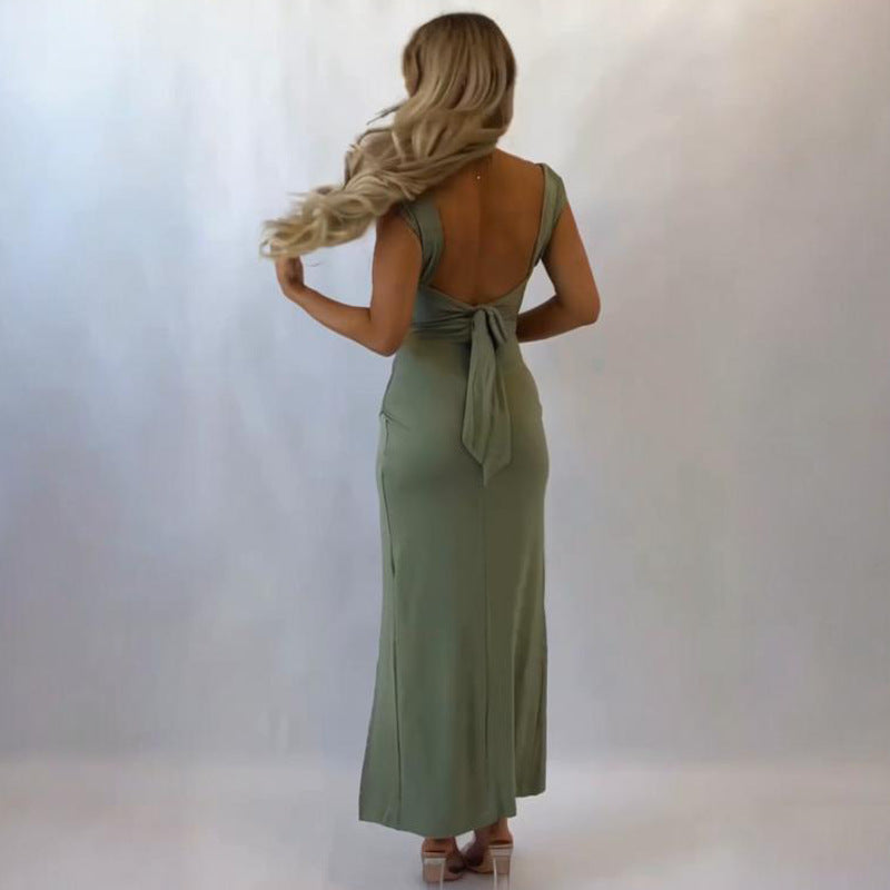 Square Collar Sexy Slit Solid Color Elegant Tied Dress