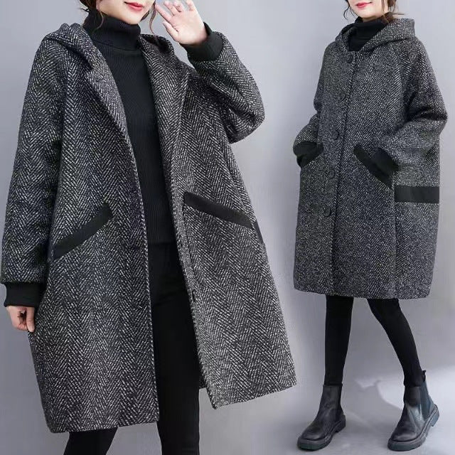 Winter Korean Style Loose Hooded Women's Mid-length Velvet Padded Thickened Coat