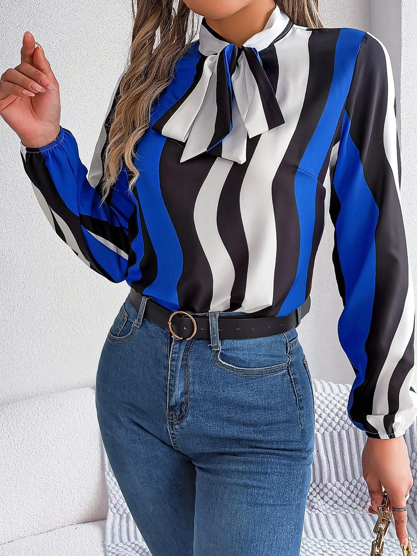 Women's Elegant Color Block Stripe Tie Waist Lantern Sleeve Chiffon Top