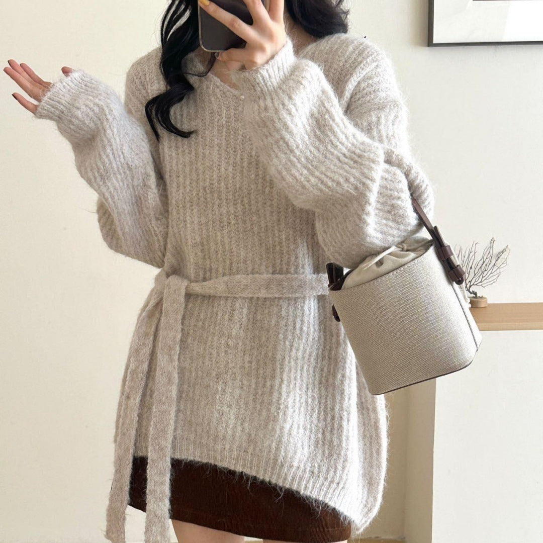 V-neck Halter Ribbon Loose And Lazy Style Mid-length Sweater