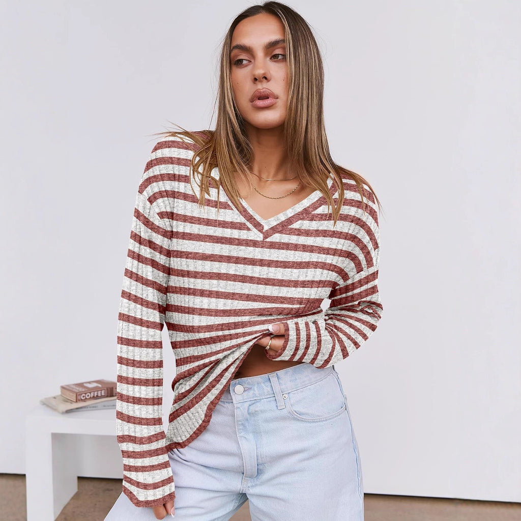 Cotton Striped Color Collision Design V-neck Pullover Long Sleeve Top Sweater