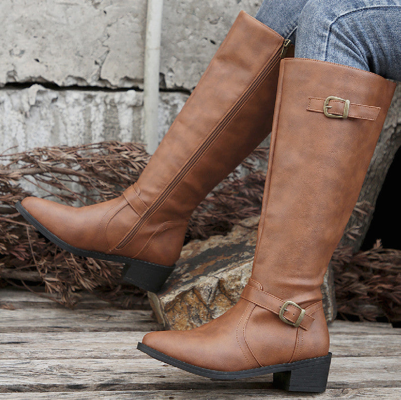 Large Size Thick Heel Square Buckle Test Zipper Boots Women