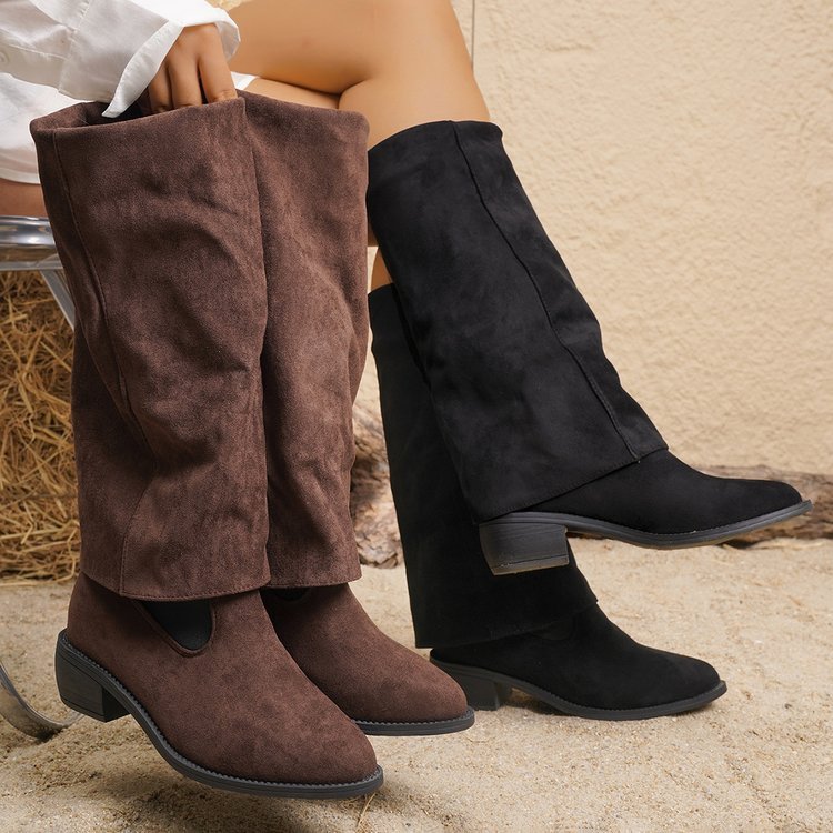 Women's Boots Suede European And American Fashion Outerwear Pointed Toe Chunky Heel Pants Retro Fashion Boots