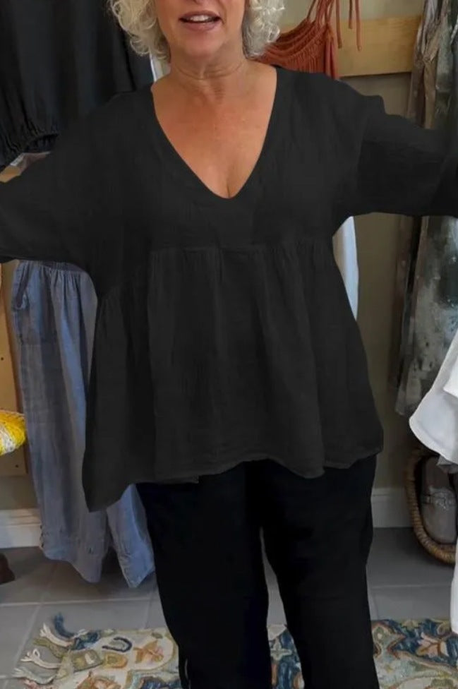 Women's Cotton And Linen Deep V-neck Solid Color Loose Top
