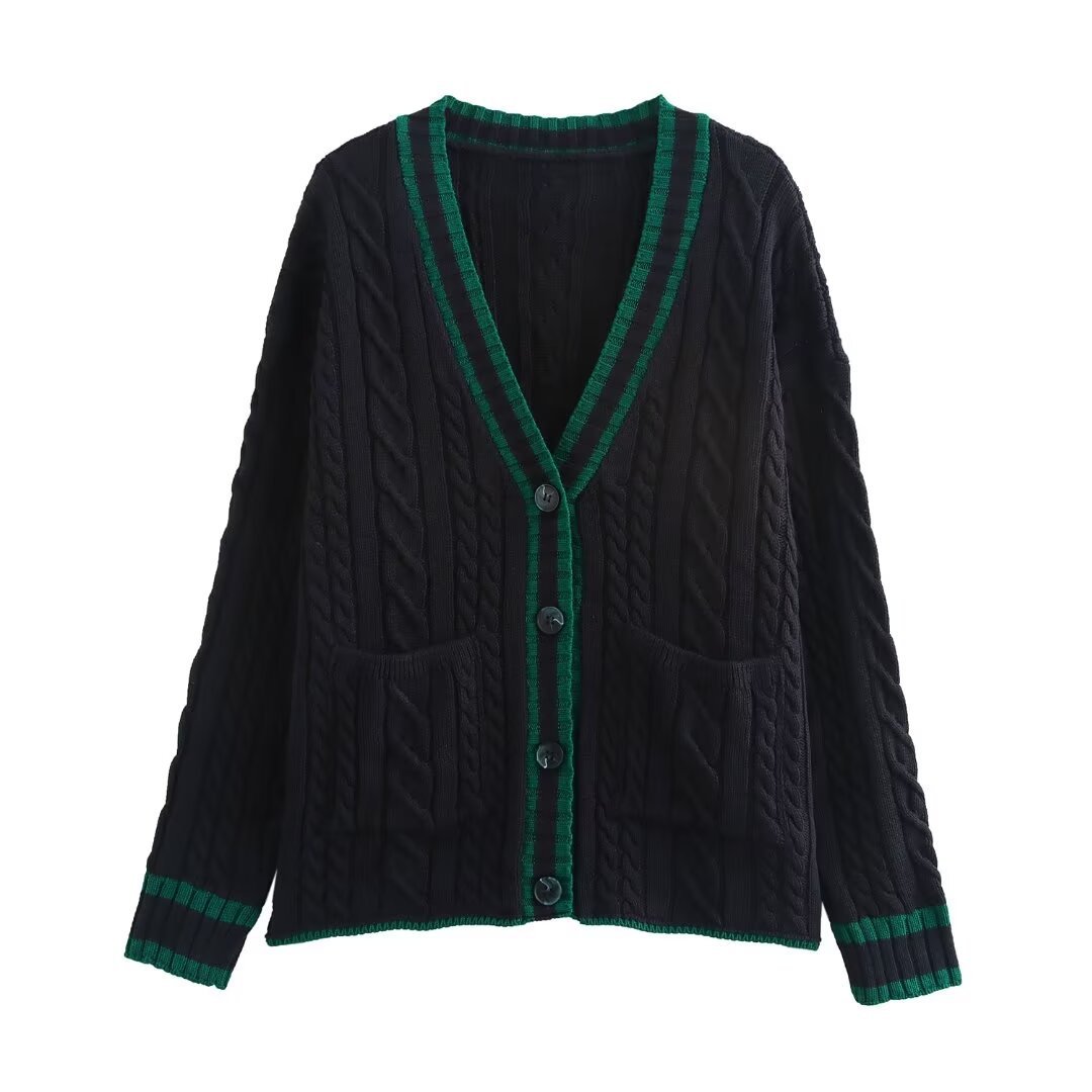 Women's Fashion Color Contrast V-neck Twisted Flower Cardigan Knitted Coat