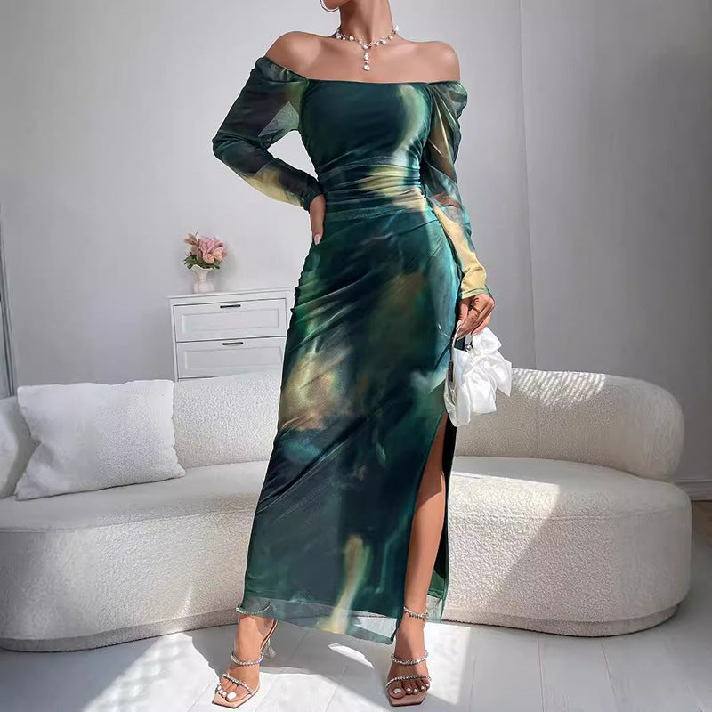 Women's European And American Fashion Tight Split Off-shoulder Dress