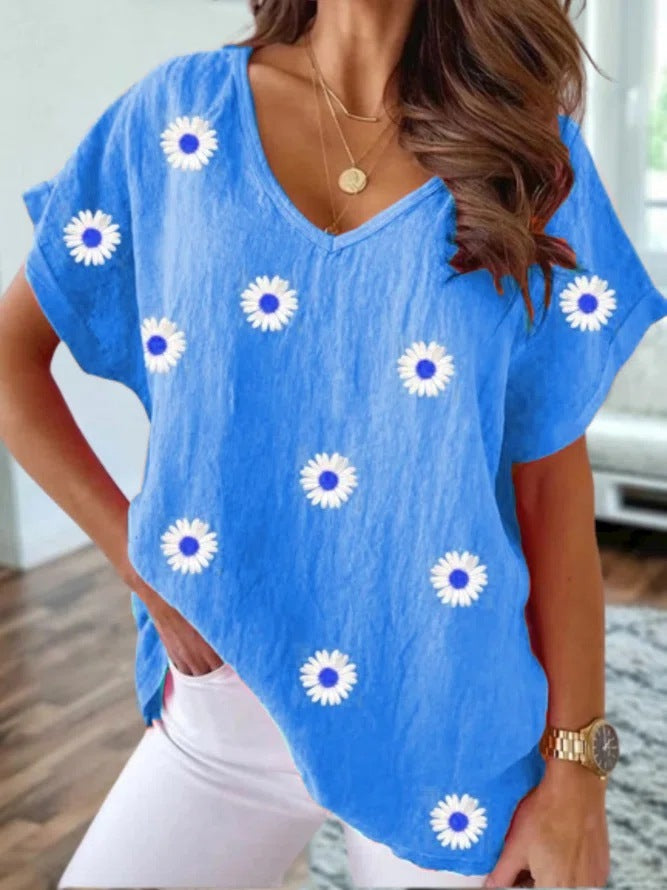 V-neck Short Sleeve Fashion Flower Print T-shirt