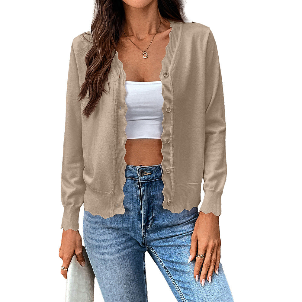 V-neck Long-sleeved Knitted Cardigan Pure Color Ice Silk Coat For Women