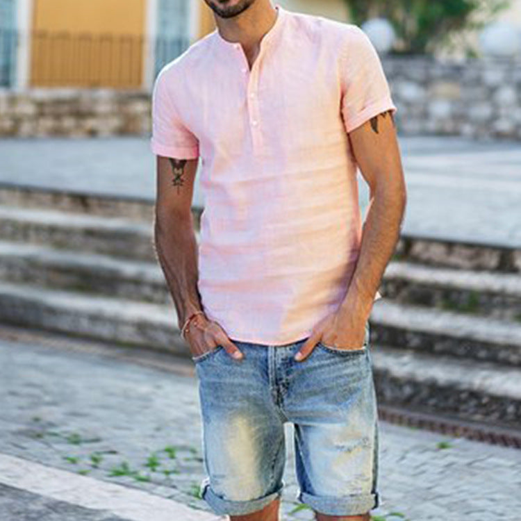 Stand collar cotton linen short sleeve shirt