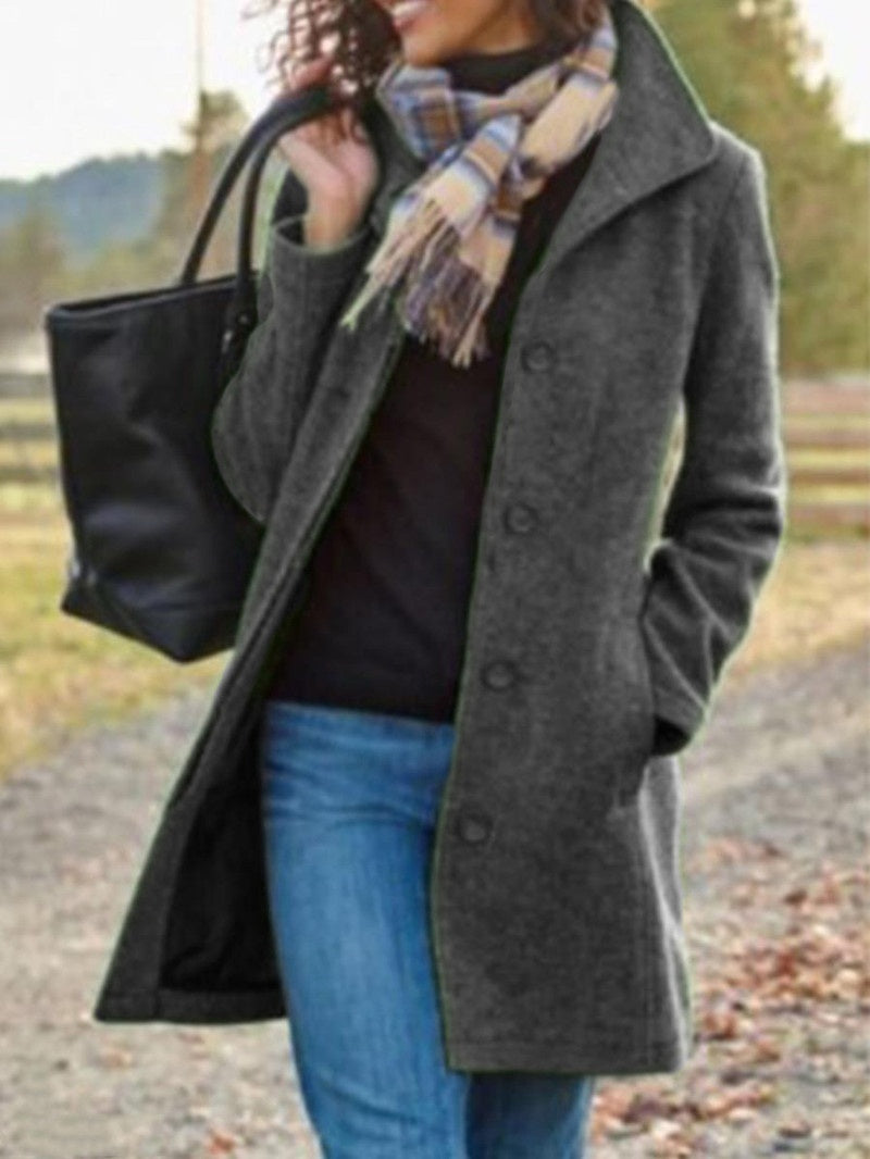 Ladies New Woolen Mid-length Multi-grain Buckle Cardigan Coat