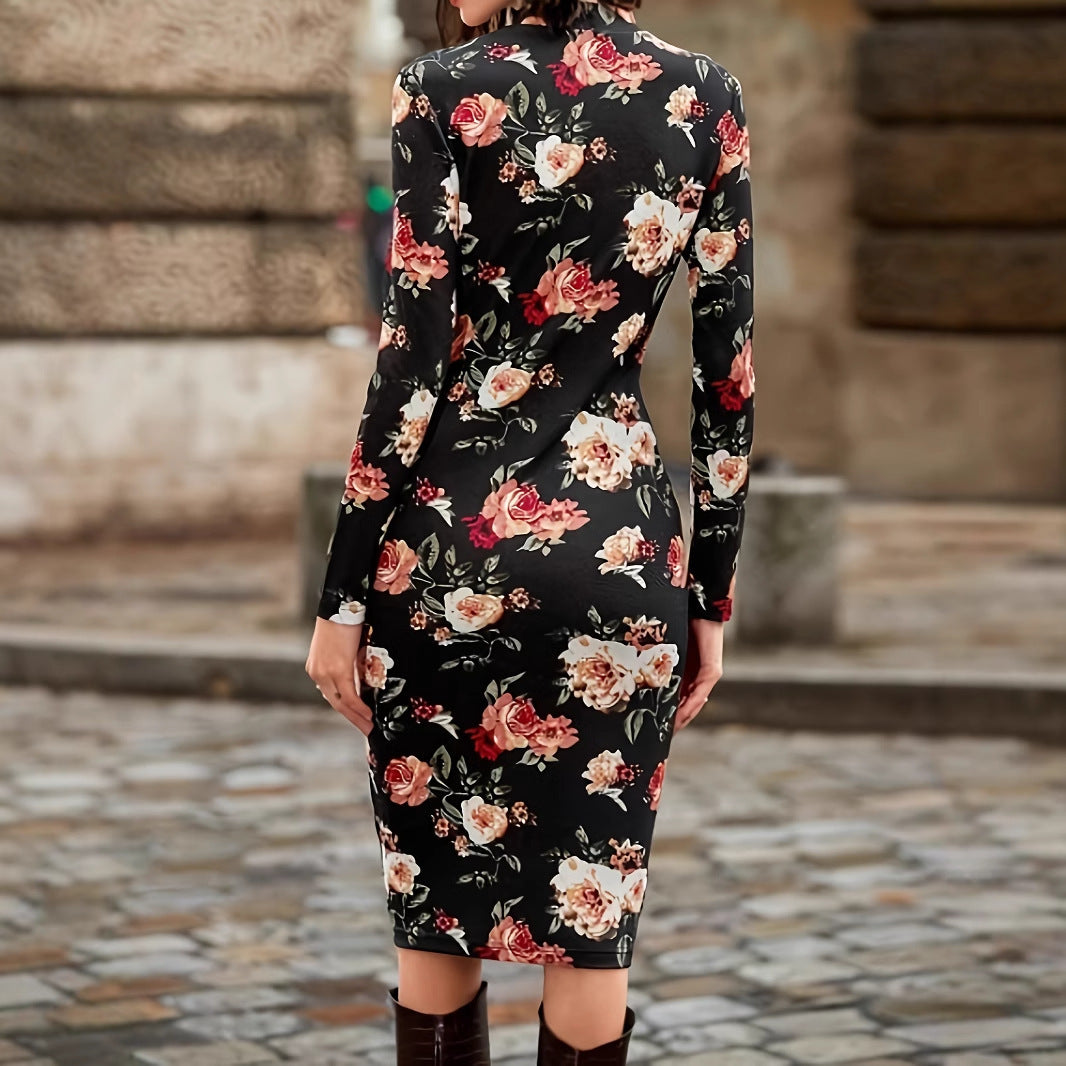 Lady's Flower Printed Long Sleeve Tight Dress