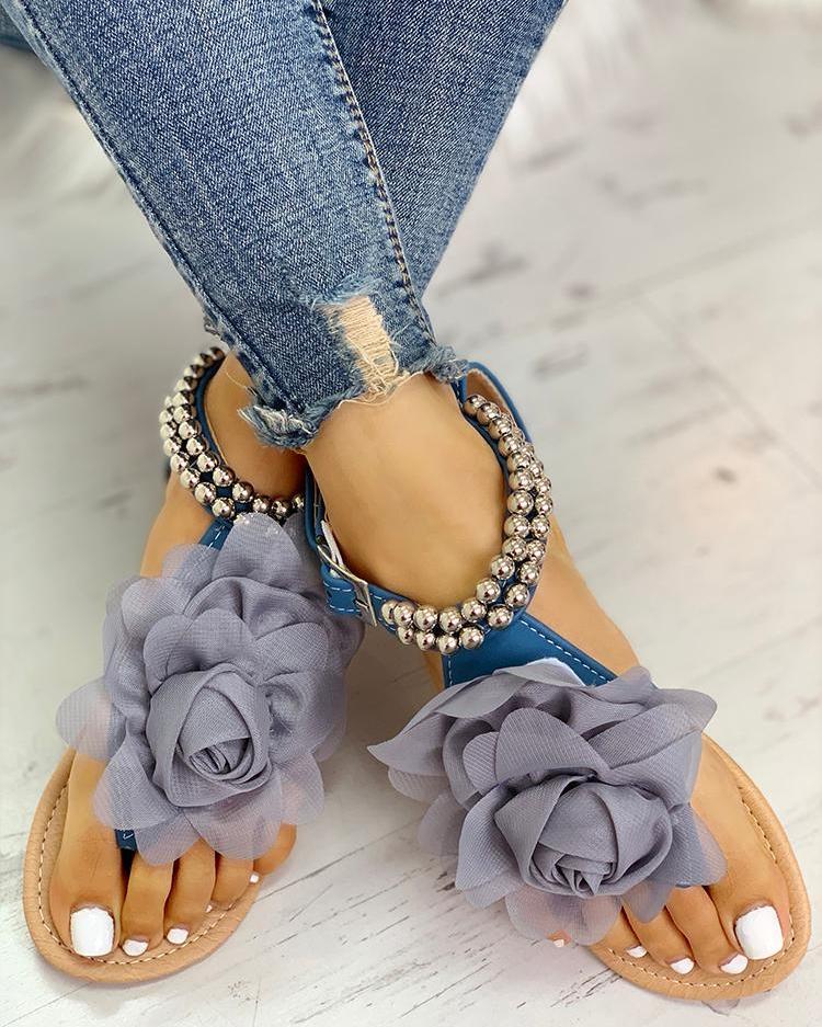 Large Size Flat Bottom Flower Sandals Bohemian Women's Beaded Fashion Comfortable Sandals