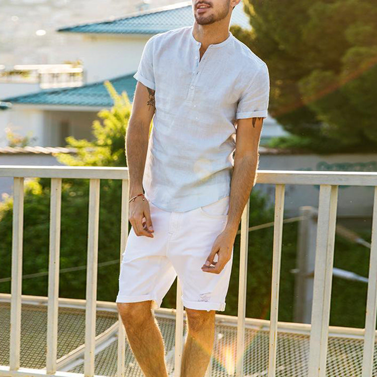 Stand collar cotton linen short sleeve shirt