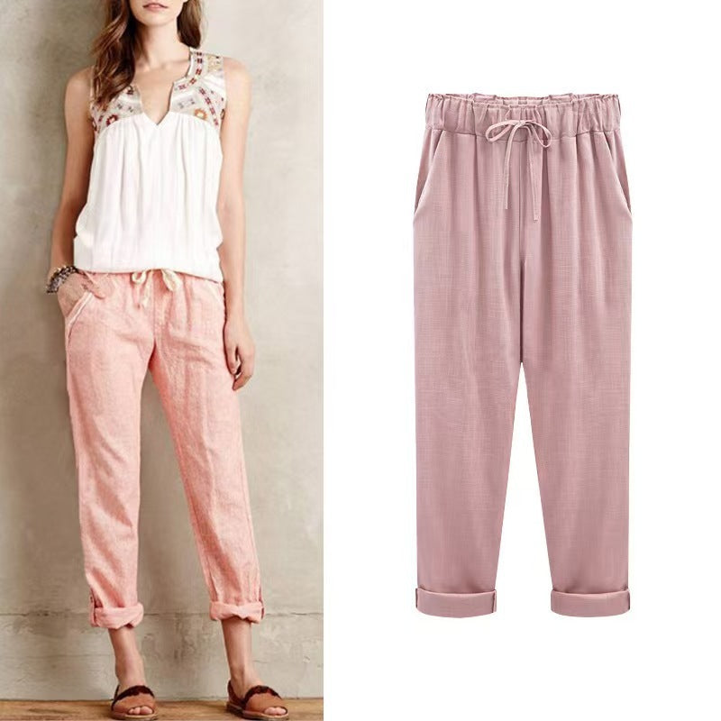 Spring And Summer Plus Size Cotton And Linen Pants, Women's Cropped Pants Loose And Thin