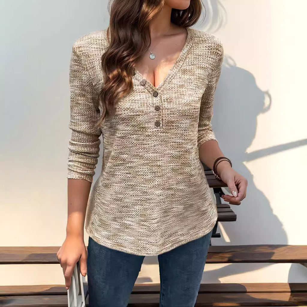 Women's V-neck Pullover Fastener Decoration Long Sleeve