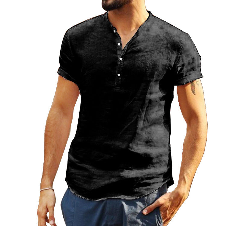 Stand collar cotton linen short sleeve shirt